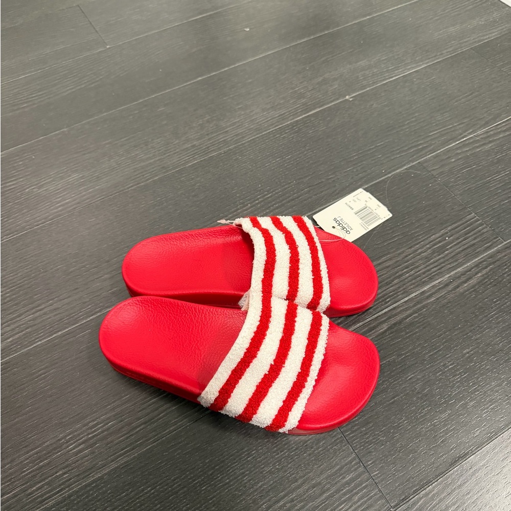 adidas Kids Red Slides with White Striped Strap